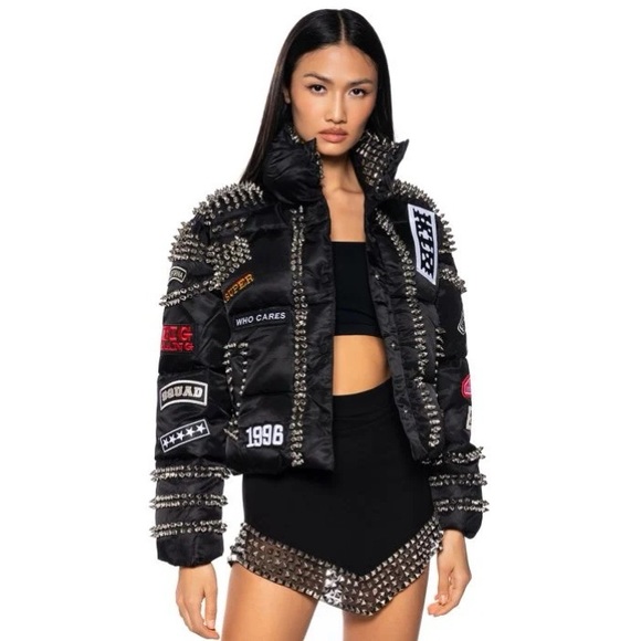 azalea wang Jackets & Blazers - ACDC SPIKED PATCH PUFFER COAT IN BLACK NWT